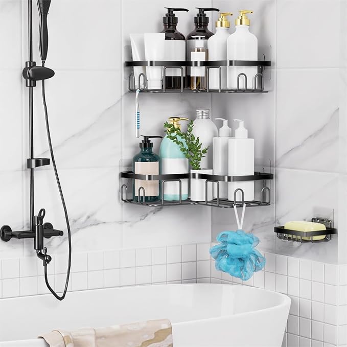 Moforoco Corner Shower Caddy Shelf Organizer Rack, Self Adhesive Black Bathroom - Image 5