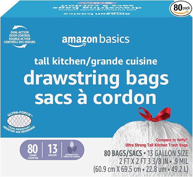 Amazon Basics Ultra-Force Tall Kitchen Drawstring Trash Bags, Lavender Scented by AmazonBasics