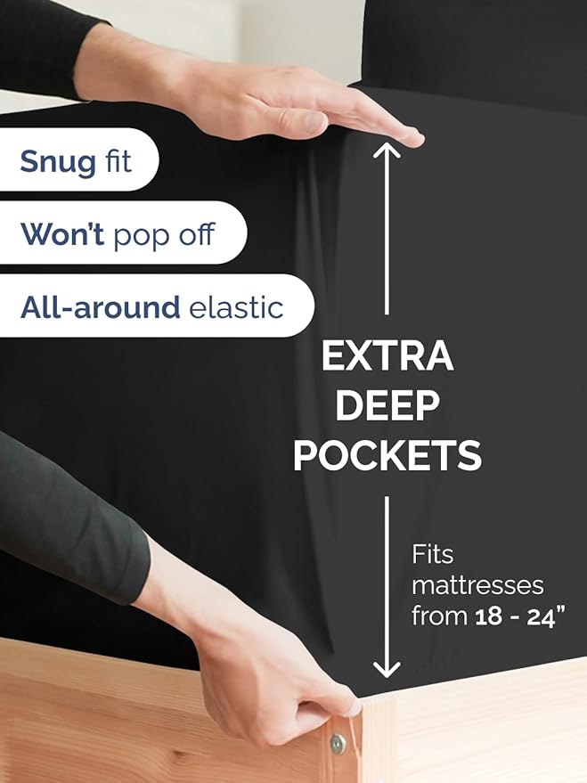 Extra Deep Pocket Split King Sheets - 5 Piece Breathable & Cooling Bed Sheets - Hotel Luxury Bed Sheet Set - Soft, Wrinkle Free & Comfy - Easily Fits Extra Deep Mattresses - Deep Pocket Black Sheets