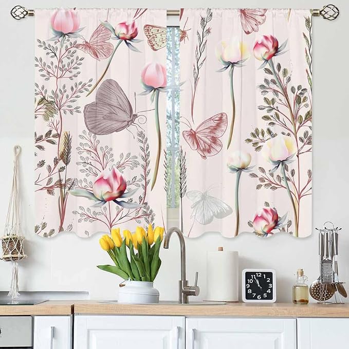 Pink Floral Kitchen Curtains Pretty Elegant Peony Rose Lovely Butterfly Short by Unknown