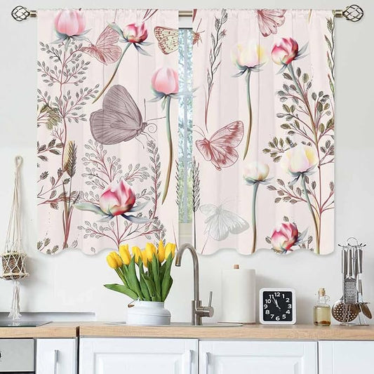 Pink Floral Kitchen Curtains Pretty Elegant Peony Rose Lovely Butterfly Short by Unknown