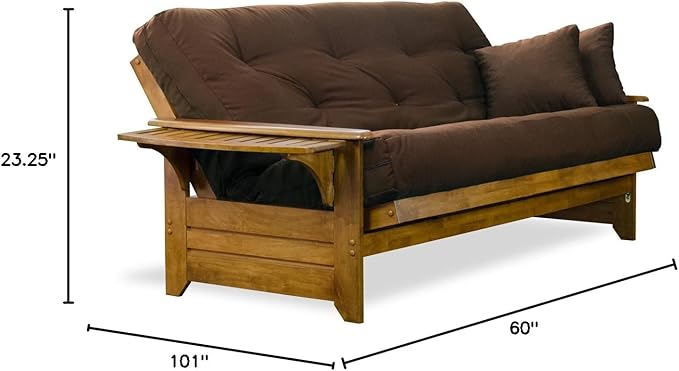 Nirvana Futons Brentwood Tray Arm Futon Sofabed Set - Queen Frame, 8" Microfiber Fudge Mattress, Heritage Finish
