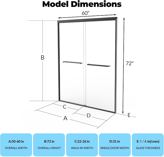 56"-60" W x 72" H Double Sliding Shower Door - Image 2
