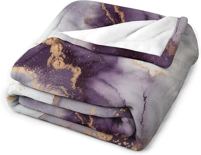 Modern Marble Blanket, Abstract Luxury Baroque Golden Purple White Stone Veins Pattern Soft Warm Cozy Plush Flannel Covers for Livingroom Bedroom Couch Chair Camping Travel Home Decor Tapestry 30x40in