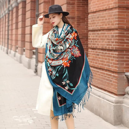 DANA XU 100% Merino Wool Pashmina Shawl for Women 96"x43", Oversized Cashmere Wrap with Tassels, Floral Travel Blanket Cape