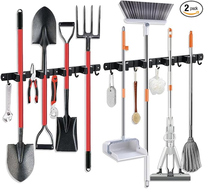 2 Pack Broom Hanger and Mop Holder, Heavy Duty Garden Tool Organizer Rack Rake by JAMEND+CLXP