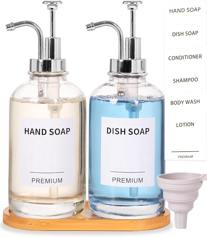 Dish Soap Dispenser for Kitchen, Hand Glass Soap Dispenser Set by Hoousuper