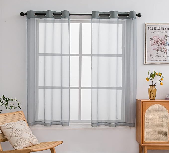 PI Grey Sheer Curtains 63 Inches Long with Rings Top,Translucent Voile Small Window Sheer Curtain for Office/Kitchen 2 Panels (W42 X L63, Blue Grey)