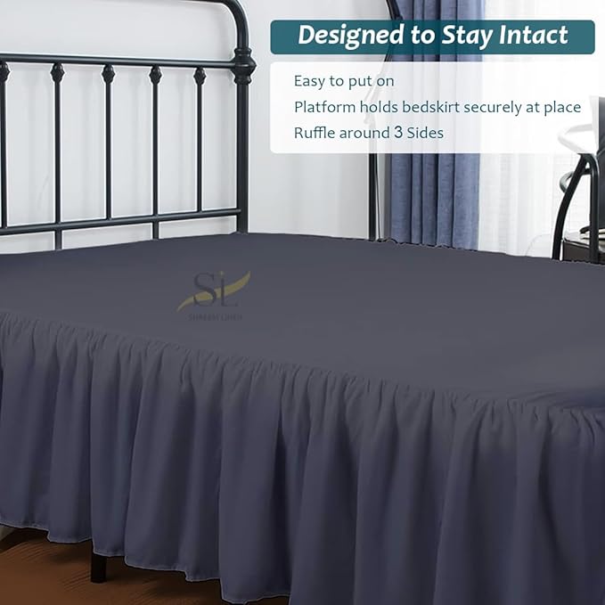 Shreem Linen Ruffled Bed Skirt with Split Corners, Gathered Style, 100% Microfiber, 30-Inch Drop, Dust Ruffle Bedskirt with Platform, Short Queen, Dark Grey