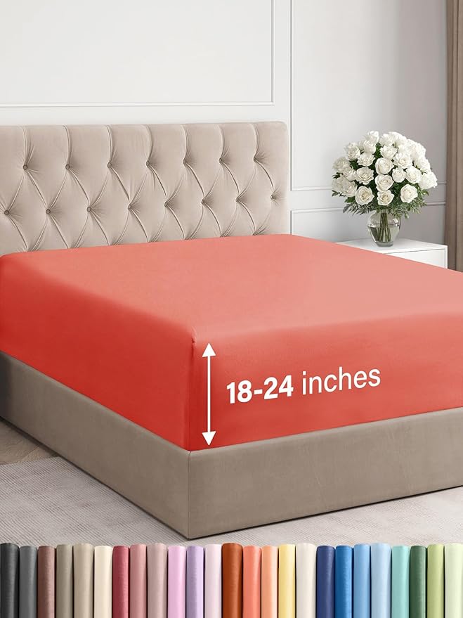 Extra Deep King Fitted Sheet - Hotel Luxury Single Fitted Sheet Only - Easily Fits 18 inch to 24 inch Mattress - Ultra Soft, Wrinkle Free w/Extra Deep Pockets - Easy-Care, Breathable & Comfy - Coral