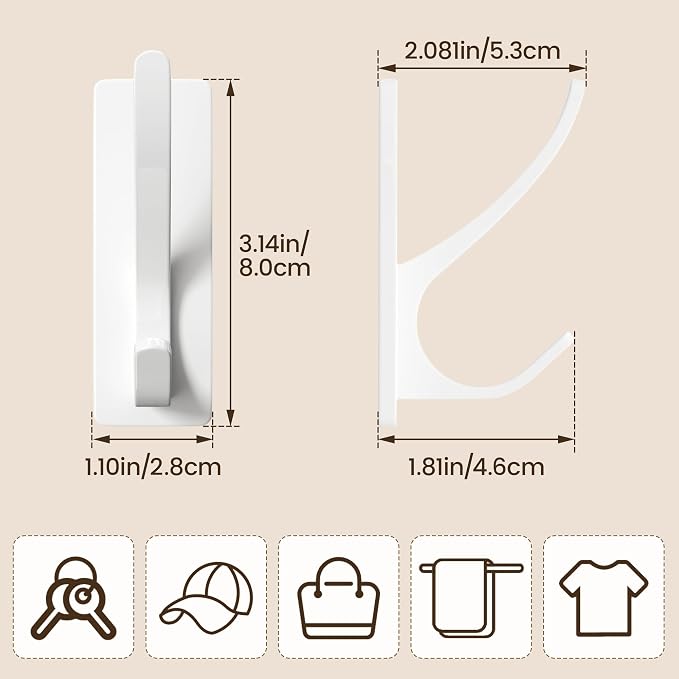 White Self Adhesive Coat Hooks for Hanging, Heavy Duty Stainless Double Wall - Image 3