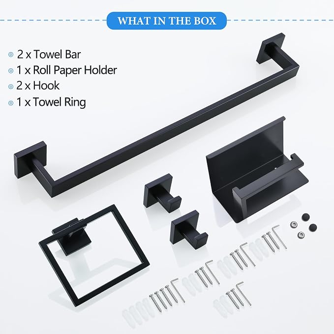 TNOMS 6-Piece Black Bathroom Hardware Set 23.6 Inch Towel Bar Set Double Towel - Image 6
