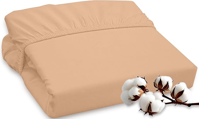 ROYALE LINENS 300 Thread Count 100% Long Staple Combed Cotton Fitted Sheet Queen - Super Soft Deep Pocket Bottom Sheet - Fitted Sheets Only - Elastic Sheets (Queen, Sand)