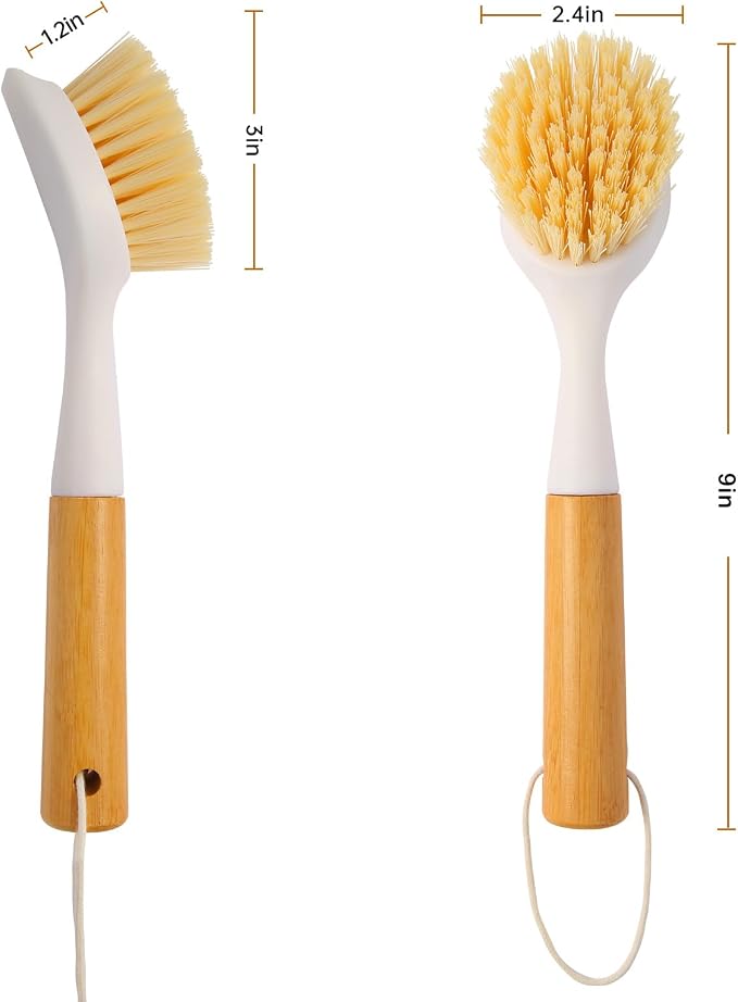 3 Pack Dish Brush Set with Bamboo Handle, Dish Scrubber Built-in Scraper - Image 2
