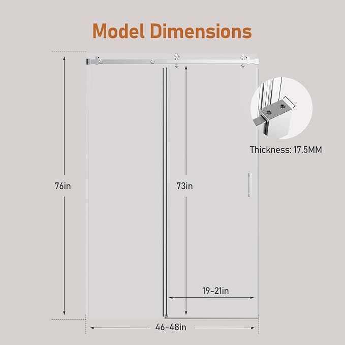 46-48 Inch Frameless Sliding Shower Door, 5/16" Clear Tempered Glass, Smooth - Image 2