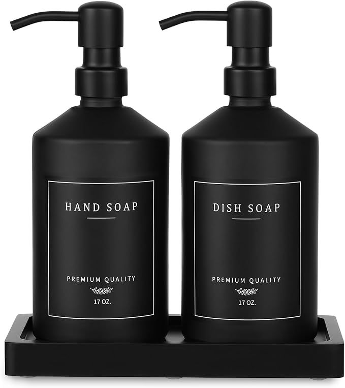 Matte Black Soap Dispenser Set, 17 OZ Hand and Dish Soap Dispenser Set by Eggs+sound