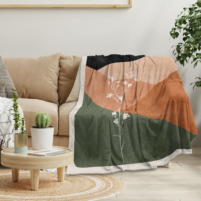 Boho Orange Mid Century Blankets Abstract Modern Throw Blanket Minimalist Boho Aesthetic Soft Warm Bed Bedding Women Blankets for Couch Bedroom Sofa Office Cozy Flannel Blankets 40"X50"