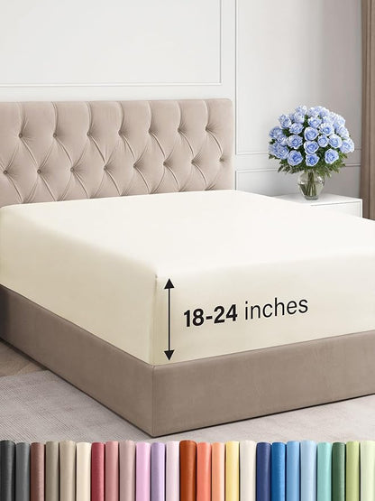 Extra Deep Queen Fitted Sheet - Hotel Luxury Single Fitted Sheet Only - Easily Fits 18 inch to 24 inch Mattress - Ultra Soft, Wrinkle & Fade Free w/Extra Deep Pockets - Breathable & Comfy - Off White