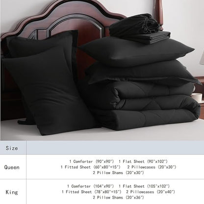 NTBAY Queen Comforter Set with Sheets, 7 Pieces Soft and Breathable Queen Bedding Set, Bed in a Bag, Down Alternative Comforter Set Solid Color All Season, Queen Bedding Set, Black