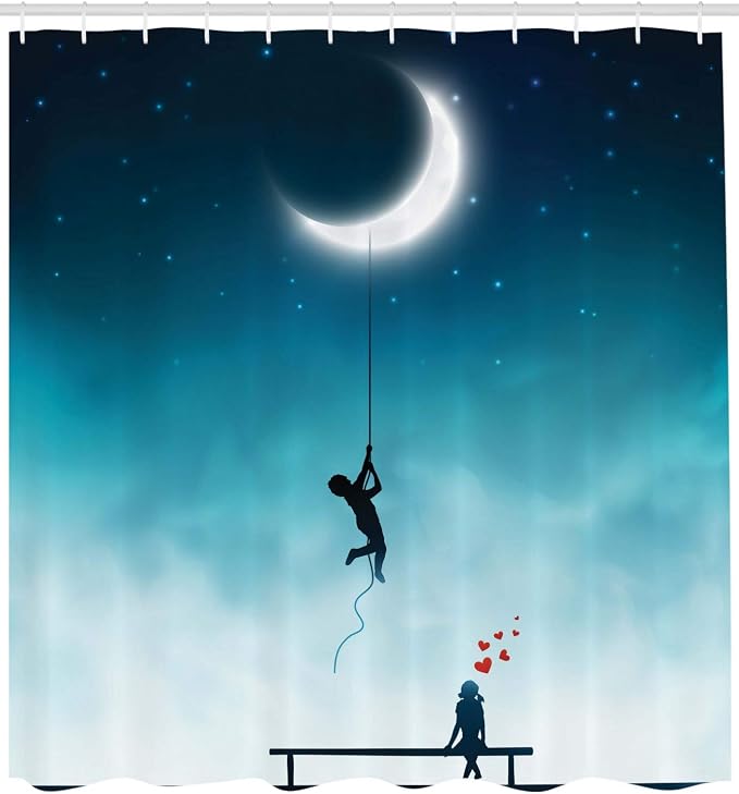 Ambesonne Fantasy Shower Curtain, Characters Climbing to The Moon and Sitting - Image 2