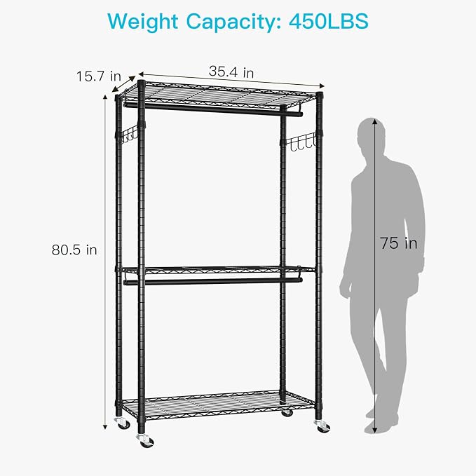 FUTASSI P1 Heavy Duty Garment Rack, 3 Tiers Adjustable Rolling Metal Closet - Image 6