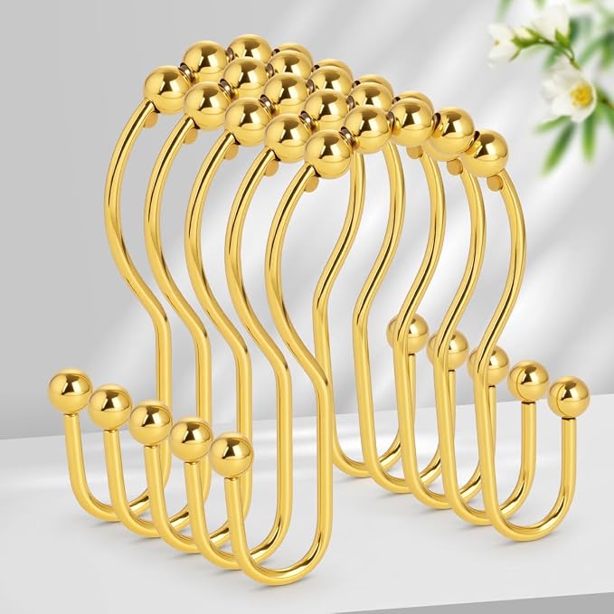 Double Shower Curtain Hooks, Sturdy Metal Nickel Shower Curtain Rings, Glide by Resze