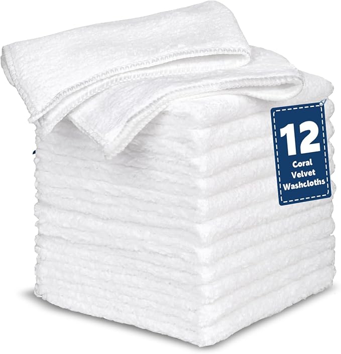 Coral Velvet White Washcloths 12 Pack, Highly Absorbent and Soft White Face by TEAWOO