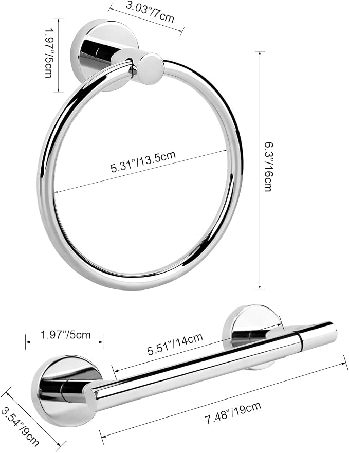 Polished Chrome Toilet Paper Holder Set, Stainless Steel Towel Ring, Double - Image 6