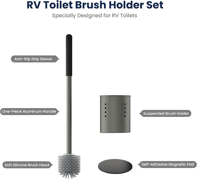 RV Toilet Brush and Holder Set- One-Piece Long Handle, Silicone Head, Magnetic - Image 6