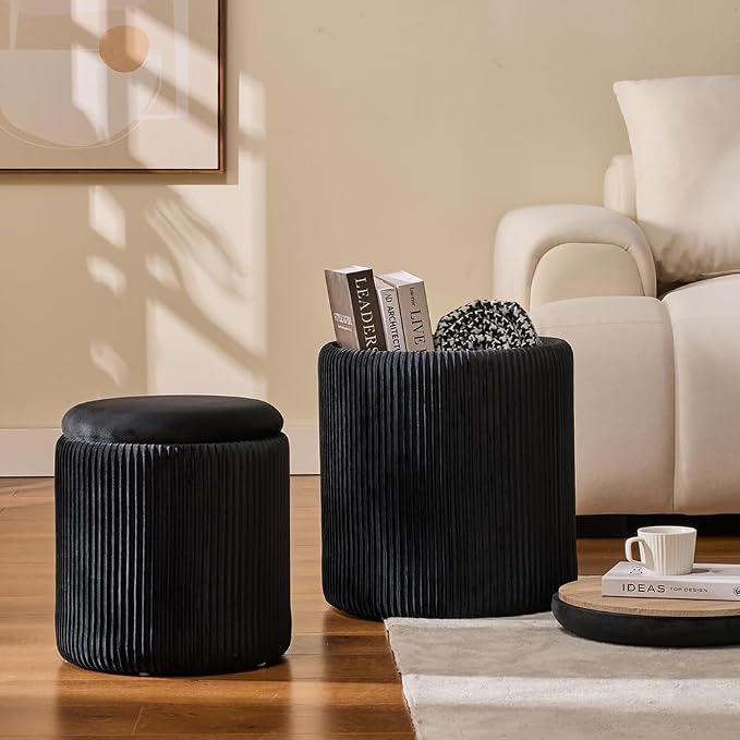 Round Set of 2 Ottoman with Storage-Upholstered Velvet Vanity Stool - Image 2