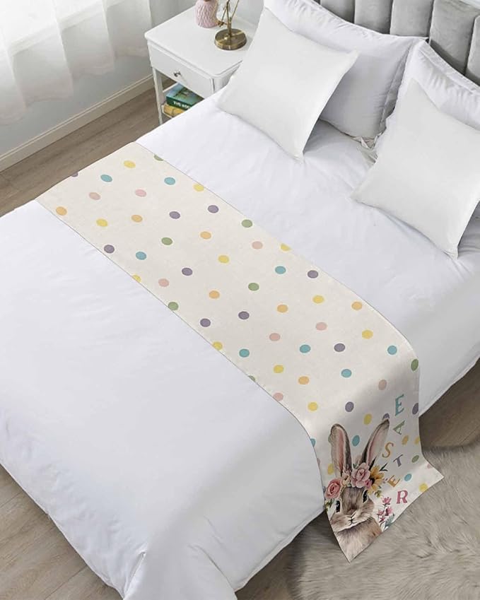 Spring Easter Farm Rabbit Flower Bed Runners for Bedroom Hotel,Decorative Bedding Scarf Colorful Quote Dot on Linen Bed End Blanket Bedding Runner Scarves for Twin Size Bed,71x20in