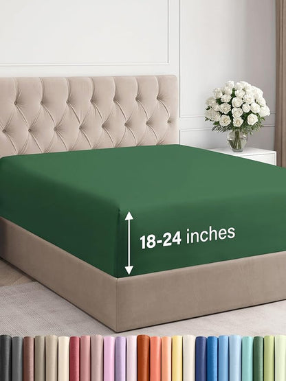 Extra Deep King Fitted Sheet - Hotel Luxury Single Fitted Sheet Only - Easily Fits 18 inch to 24 inch Mattress - Ultra Soft, Wrinkle Free with Extra Deep Pockets - Breathable & Comfy - Emerald Green