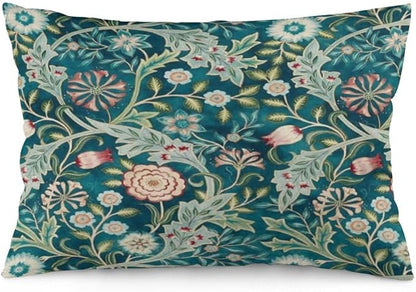 Teal Green Blue Vintage Floral Botanical William Morris Throw Pillow Covers 12x20 Inch Aesthetic Pillow Velvet Decorative Pillowcase Home Decor Living Room Cushion Case for Bed Sofa Couch