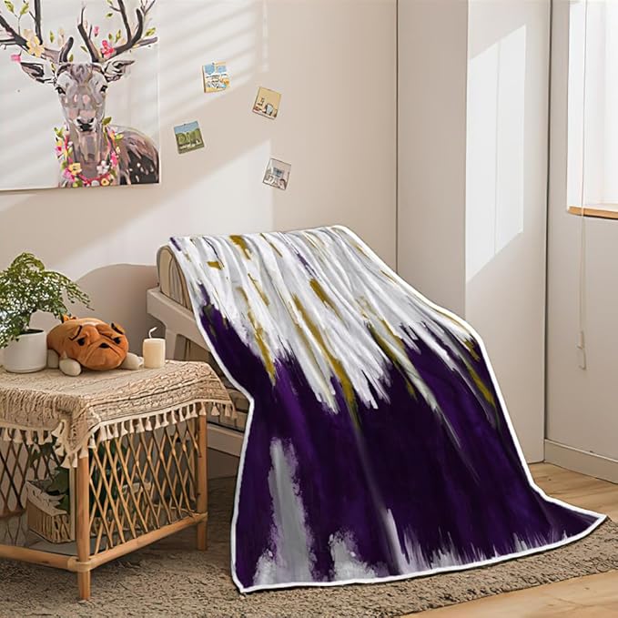 Abstract Ombre Throw Blankets, Modren Chic Art Oil Painting Cozy Warm Bed Couch Blanket, Purple Gold White Fleece Flannel Throws to Decorate The Room and Bedroom