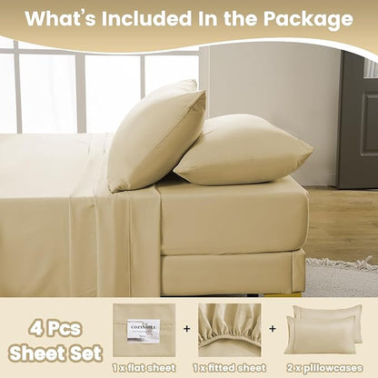 Breathable Cooling Full Sheet Set - Hotel Luxury 4 Piece Deep Pocket Sheets for Full Size Bed, Fits 16" Mattress, Easy Care Wrinkle Free Bedding Sheet and Pillowcase Set, Beige
