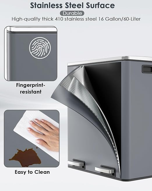 AthLike 60L Dual Trash Can, Stainless Steel Kitchen Garbage Can, Double - Image 4