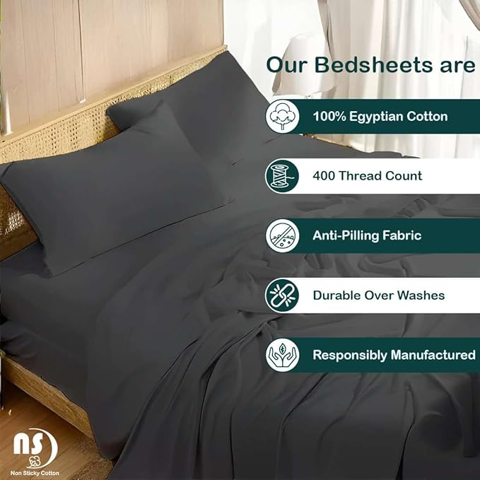 NON Sticky cotton Full Size Sleeper Sofa Sheets, 4 Piece Egyptian Cotton Bed Sheet Set for Sofa Bed, 10" Deep Pocket for Pull Out Couch Mattress, 54" x 75", Dark Grey Solid, Soft & Breathable