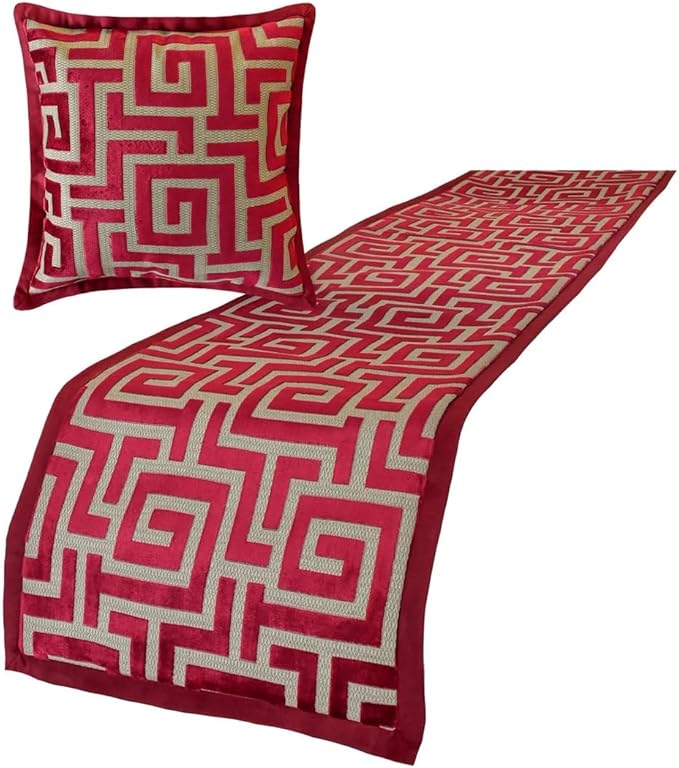 The HomeCentric King/Queen/Twin Red Designer Queen 74"x18" Bed Runner Without Pillow Cover, Maze Bed Scarf on Velvet Fabric - Path