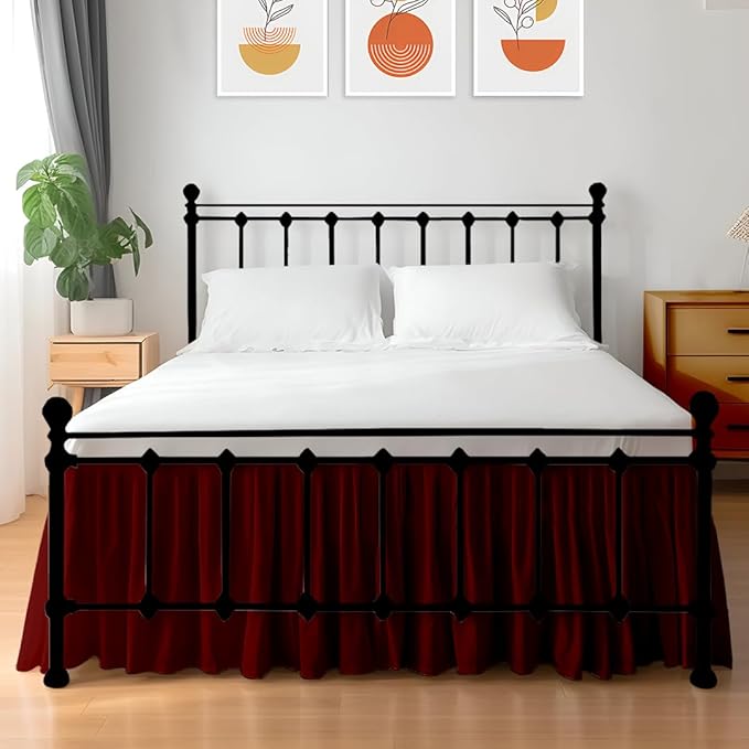 Shreem Linen Ruffled Bed Skirt with Split Corners, Gathered Style, 100% Microfiber, 30-Inch Drop, Dust Ruffle Bedskirt with Platform, King, Burgundy