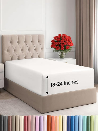 Extra Deep Twin Fitted Sheet - Hotel Luxury Single Fitted Sheet Only - Easily Fits 18 inch to 24 inch Mattress - Ultra Soft, Wrinkle Free with Extra Deep Pockets - Breathable & Comfy - Antique White