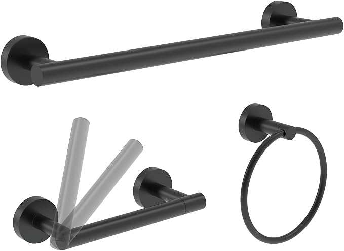 3pc Bathroom Hardware Set with Matte Black Toilet Paper Holder, Towel Ring by ElevateYourSpaceChooseRARXTR