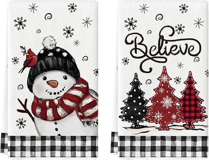 Artoid Mode Black Red Xmas Tree Snowman Christmas Kitchen Towels Dish Towels by ArtoidMode