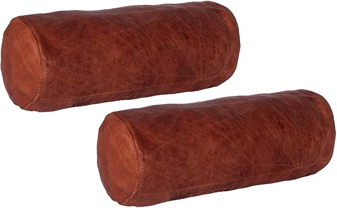 Neck Roll Pillow Cushion Cover, 14x7 Inch Full Moon Round Bolster Pillow Case, Cylinder Soft Lambskin Leather Pillowcase for Head, Spine & Neck Support During Sleep - Tan Artical Pack of 2