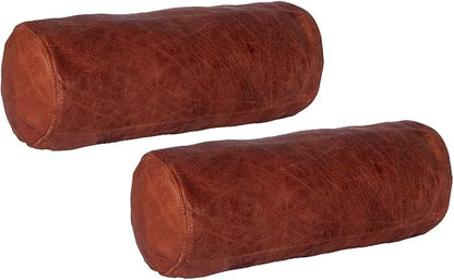 Neck Roll Pillow Cushion Cover, 14x7 Inch Full Moon Round Bolster Pillow Case, Cylinder Soft Lambskin Leather Pillowcase for Head, Spine & Neck Support During Sleep - Tan Artical Pack of 2