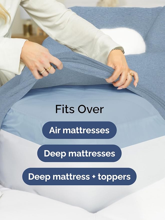Extra Deep Queen Fitted Sheet - Hotel Luxury Single Fitted Sheet Only - Easily Fits 18 inch to 24 inch Mattress - Ultra Soft, Wrinkle Free w/Extra Deep Pockets - Breathable & Comfy - Heathered Blue