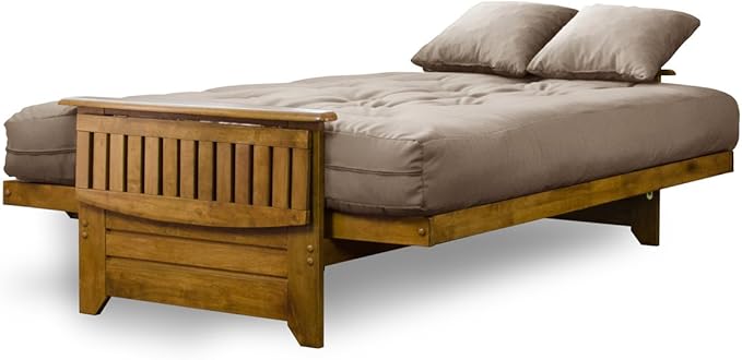 Nirvana Futons Brentwood Tray Arm Futon Sofabed Set - Queen Frame, 8" Microfiber Khaki Mattress, Heritage Finish