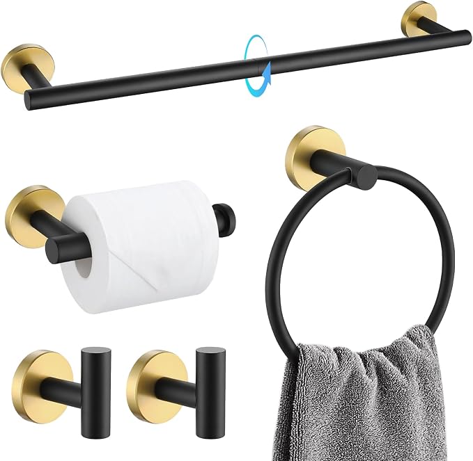 TQKAG Black and Gold Bathroom Accessory Set 5 Pieces, Round Stainless Steel by TQKAG