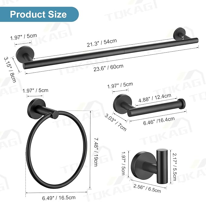 TQKAG Matte Black Bathroom Hardware Set 6-Piece Bathroom Accessory Set 23.6 - Image 6