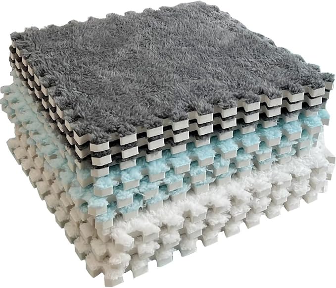 12Pcs Interlocking Carpet Tiles, Fluffy Play Mat Floor Tiles Thick Padded - Image 2