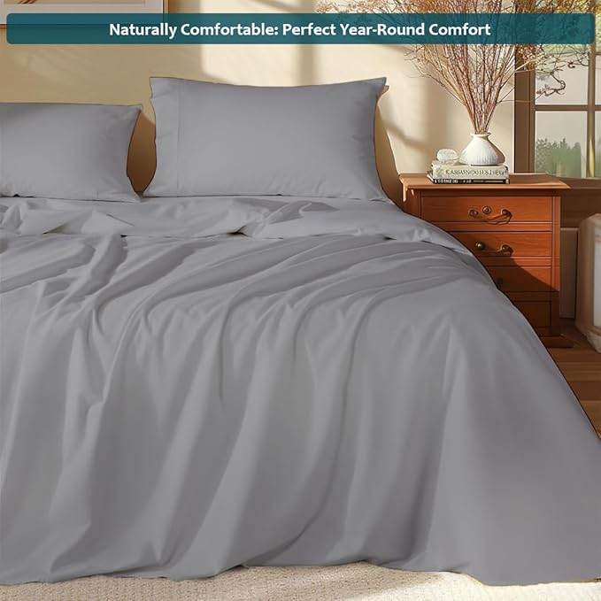 Deep Pocket King Sheets Set - Luxury 338 Thread Count Sateen, 100% Cotton Sheets with All Around Elastic for a, Hotel Quality Bedding Set (Light Grey Solid)